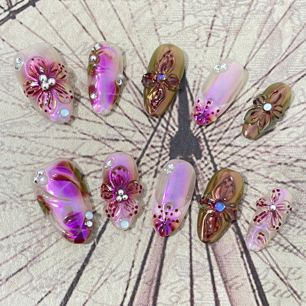Phui-Pet-Supplies (Xs) 3D Floral Almond False Nails, 10Pcs Wedding Party