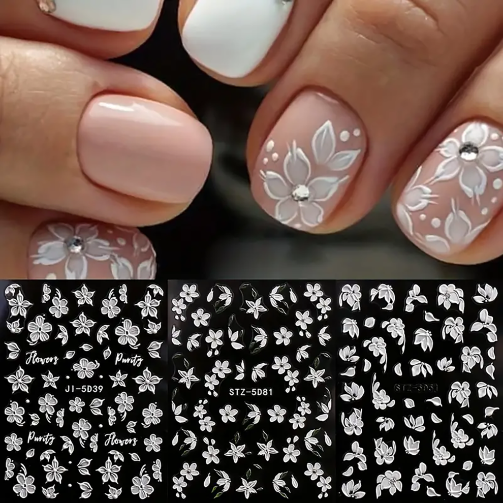 Creation-3C 3Pcs White Flower Nail Stickers For Wedding Dating