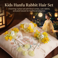 (Elegant 3 piece Set) Festival Kids Hairpin - Jade Rabbit & Osmanthus