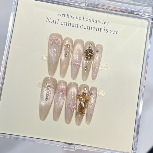 (L) 10Pcs French Tip Press On Nails with Bowknot 2