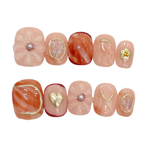 (M) 10PCS Unhas Postiças Glitter Nude Rosa Duráveis 1