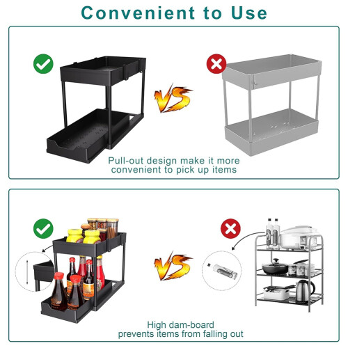 2 Tier Under Sinks Organizer Sliding Cabinet Basket Organizer Storage Rack with Hooks Hanging Cup Kitchen Organizer 2