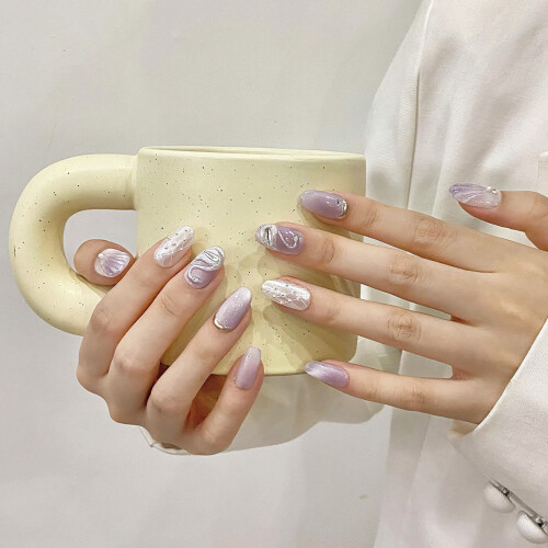 (XS) Unhas postiças roxas com glitter, resistentes e estilosas 1