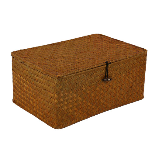Seagrass Storage Baskets with Lids, Woven Rectangular Basket Bins, Wicker Storage Organizer for Shelf, Set of 4 1
