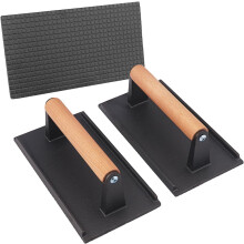 Cast Iron Grill Press Set with Wooden Handle, 3Piece Heavy Duty Burger and Bacon Press for Even Cooking