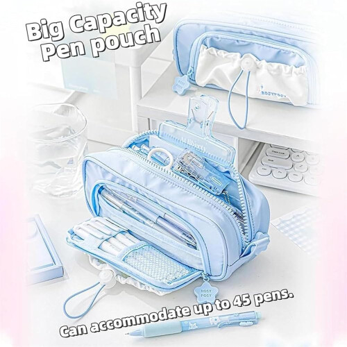 Large Capacity Waterproof Pencil Case with MultiPocket Drawstring Design, Kawaii Blue for Students 1