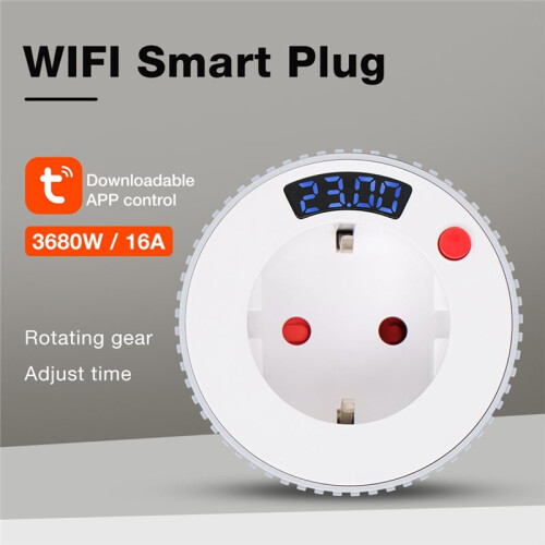 Tuya WLAN--Steckdose mit Digitaler Anzeige, Countdown-Timer, Drehschalter, 15 Min. - 24 Std., 23 Std. 59 Min., EU-Stecker 2