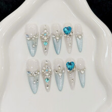(XS) 10PCS French Blue Cat Eyes False Nails Salon Supply