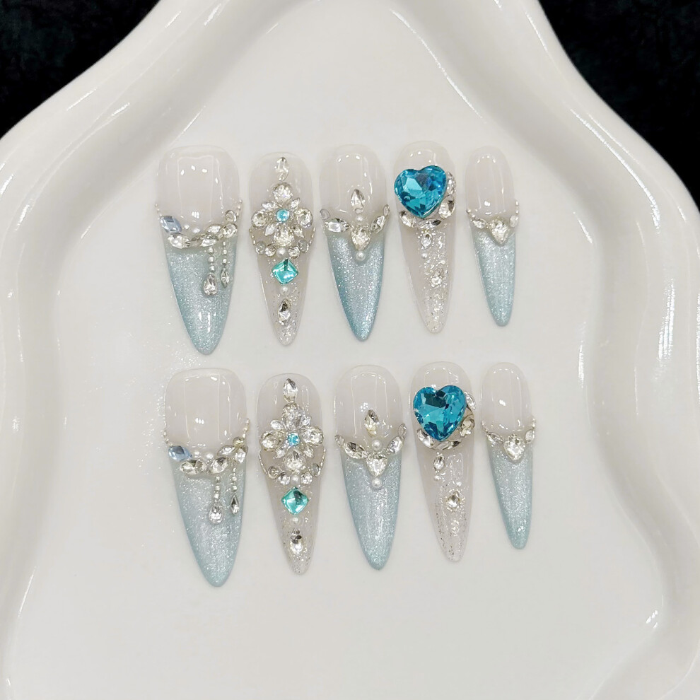 Zhouq-Outdoors (Xs) 10Pcs French Blue Cat Eyes False Nails Salon Supply