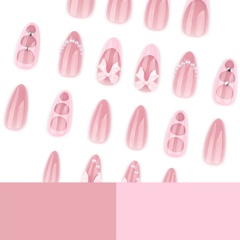 Dcph-Clothing 24Pcs Almond Fake Nails With Pink Bows For Women
