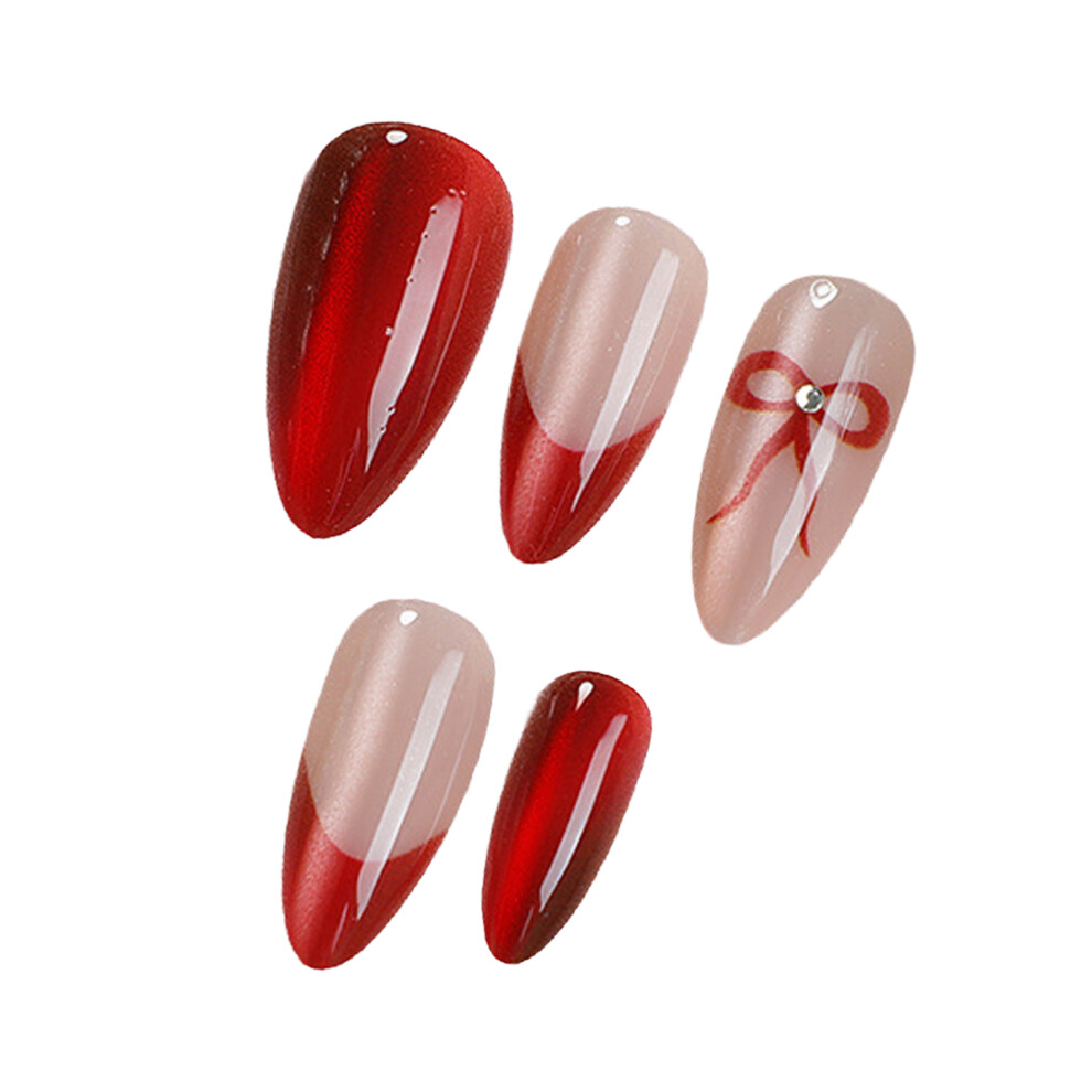 Phui-Pet-Supplies 24Pcs Almond False Nails With Red Bowknot
