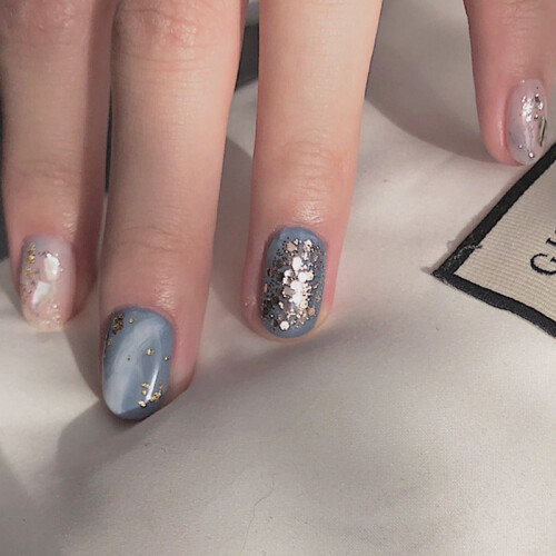 24pcs Gray Blue Marble Press On Nails 1