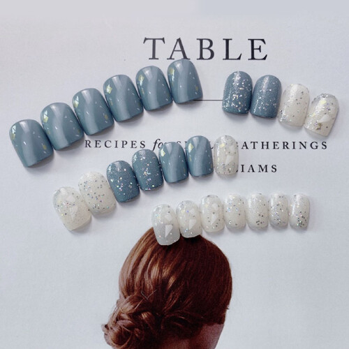 24pcs Gray Blue Marble Press On Nails 2