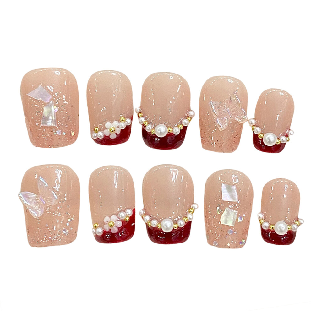 Zhouq-Outdoors (Xs) Pink Fake Nails With Red Tips, Long Lasting