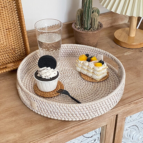 (White, 30cm) Handwoven Rattan Fruit Basket Kitchen Decor 1
