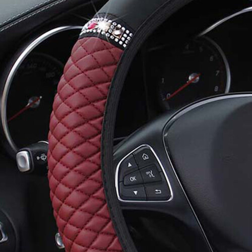(Wine Red) PU Leather Car Steering Wheel Cover - Embroidered 1