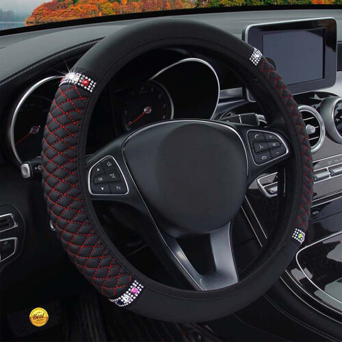 (Black Red) PU Leather Car Steering Wheel Cover - Embroidered 1
