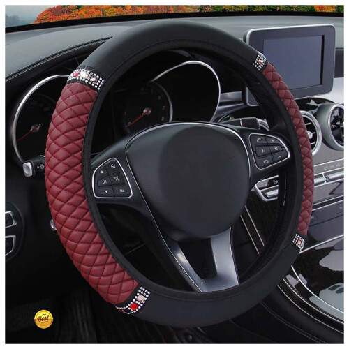 (Wine Red) PU Leather Car Steering Wheel Cover - Embroidered 2