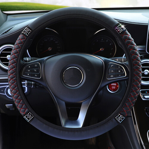 (Black Red) PU Leather Car Steering Wheel Cover - Embroidered 2
