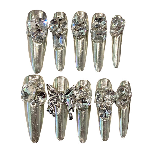 (M) Rhinestone Long Artificial Nails - Comfortable & Stylish 1