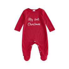 (6-12 Months, Red) Newborn Baby Christmas Romper Letter Print Long Sleeve Round Neck Footed Jumpsuit for Boys and Girls
