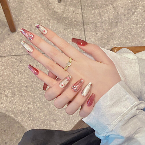 (Middle ladder) Pink Cat Eye False Nails, Waterproof & Long Lasting 2