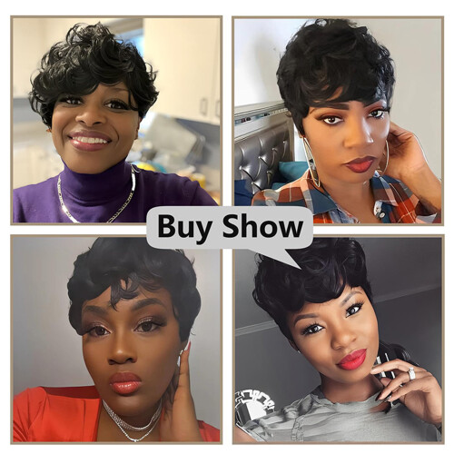 (1B) Short Pixie Curly Wigs for Women - 6\" Human Hair 2