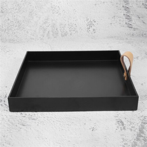 Square PU Leather Serving Tray Decorative Dish Cosmetics Sundries Desktop Storage Plate with Handle(Black) 1