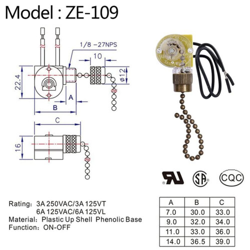 Ceiling Fan Light  Zing Ear ZE-109 Two-Wire Light  with Pull Cords for Ceiling Light Fans Lamps 10Pcs Bronze 2