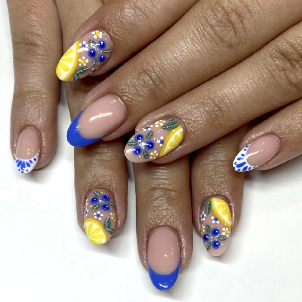 Hue-Grain 24Pcs Bohemian Lemon French Fake Nails For Women