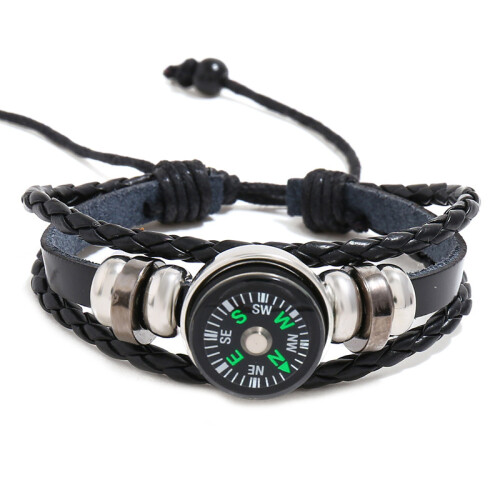 (Black) Kompassarmband PU-Leder Holzperlen