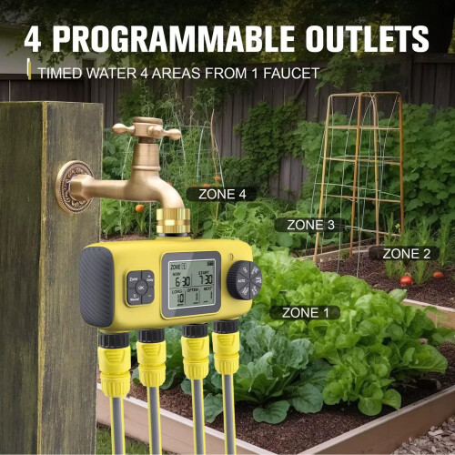 4 Zone Water Timer with Smart Rain Delay, Programmable Irrigation Controller for Lawn and Garden 2