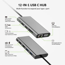 12 in 1 USB C Hub Triple Display Monitor Adapter Laptop Hub USB C to 4K VGA Ethernet 1000M PD 4USB Audio for PC Laptop
