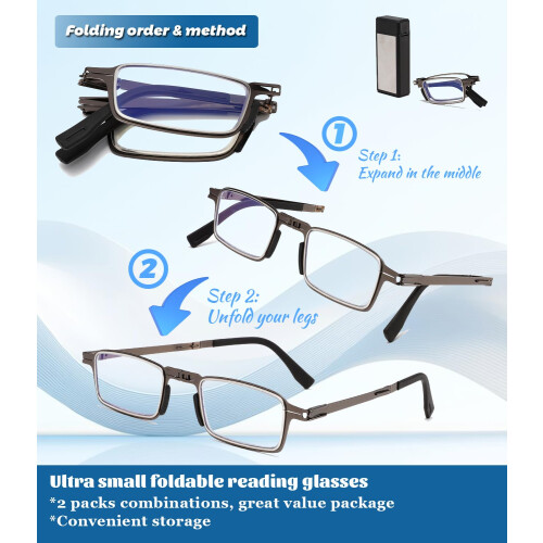 Folding Reading Glasses 2.0 Diopter Blue Light Blocking Compact Readers for Men with Case 2