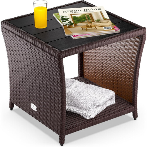 45cm Polyrattan Garden Side Table WPC Top Brown