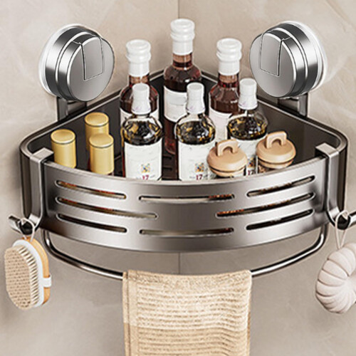 Corner Shower Shelf with Suction Cups, NoDrill Rustproof Bathroom Storage Rack, Adjustable with Hooks 2