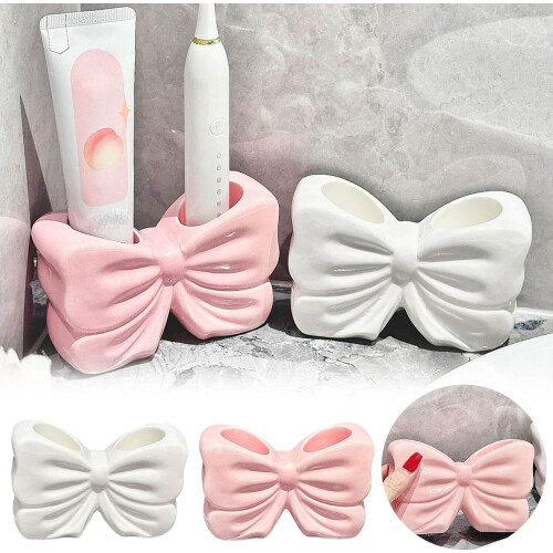 White Ceramic Bow Shaped Toothbrush Holder for Bathroom Decor and Seamless Style Integration 1