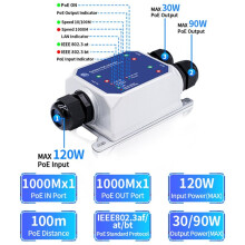 Extensor Gigabit PoE de 3 Portas para Ambientes Externos IP67 À Prova D'Água 1 A 2 Repetidor POE de 1000 M IEEE802.3af/At/Bt PlugandPlay 48 V 120 W