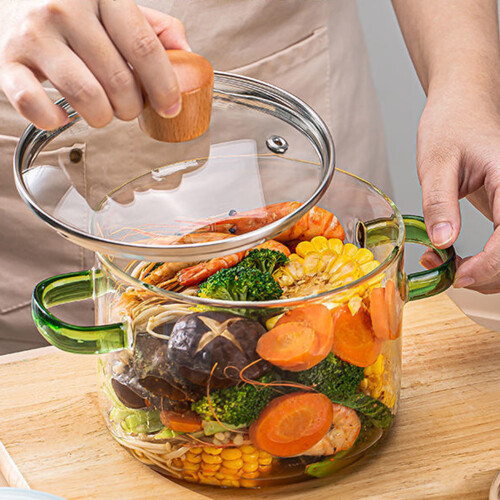 (Green) Borosilicate Glass Simmer Pot with Handle, Flame Resistant 2