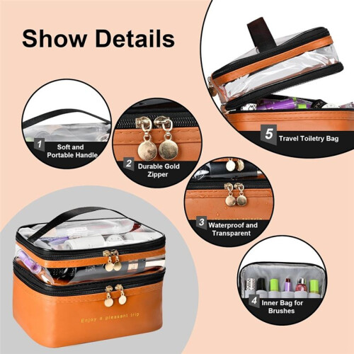 Large Layer Travel Makeup Bags,Clear Makeup Bag Organizer Skincare Bag Layer Makeup Organizer Bag Brown 2