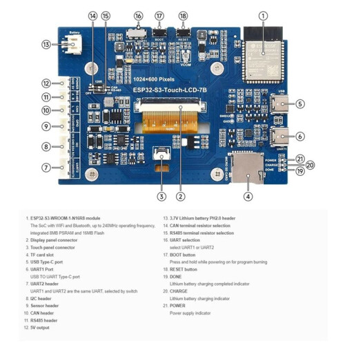 ESP32-S3 7inch Display Development Board Type B, ESP32 with Display, 1024x600, 32-Bit LX7 Dual-Core 2