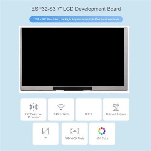 ESP32-S3 7inch Display Development Board Type B, ESP32 with Display, 1024x600, 32-Bit LX7 Dual-Core 1