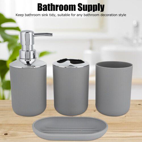 4Pcs Bathroom Kit Plastic Lotion, Rinse Cup, Soap Dish Gray 2