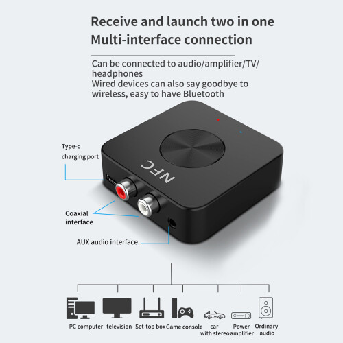 NFC Bluetooth 5.0 Wireless Audio Adapter AUX Transmitter/Receiver, 200mAh, 15m Range 2