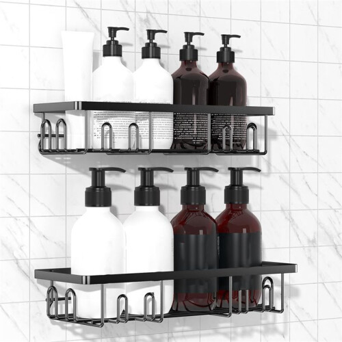 Stick- Shower Organizer, Shower Rack with 16 Hooks, Black 2-Pack 1