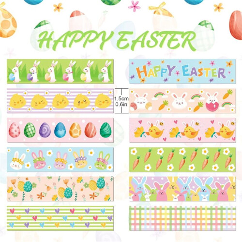 12 Pcs Easter Washi Tapes Set Easter Bunny Chick Gnom Pattern Masking Tape Easter Themed Decorative Tape 2