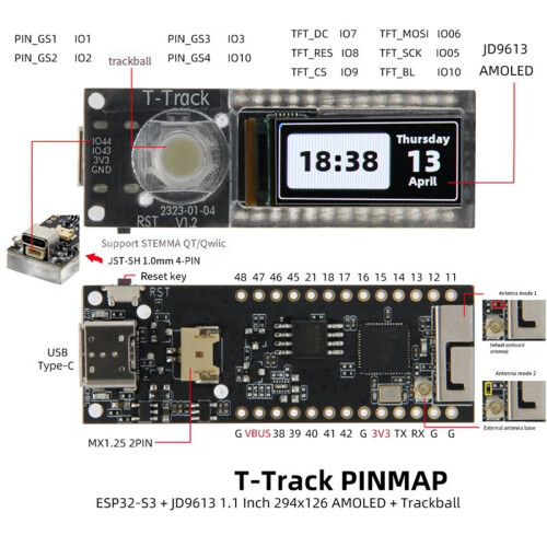 T-Track ESP32-S3 AMOLED Trackball Development Board ESP32-S3R8 WiFi  1.1inch Display Module for 1