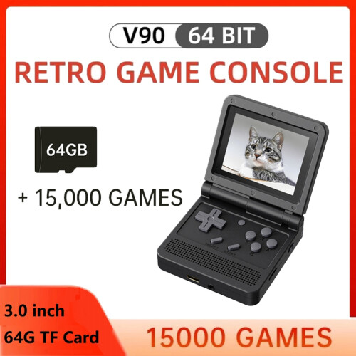 POWKIDDY Nova VersãO V90 Open-Source Console de Jogos Retro 3,0 Polegadas IPS LCD 320 X 240 64 GB ROM Embutido 15000 Jogos (Preto) 1