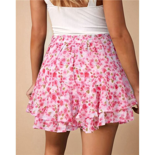 Women'S Ruffled Skirt Rose Red Floral Patterns XL 2