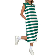 Vestido de Verano A Rayas para Mujer, Corte A, Informal, con Mangas Cortas, Cuello de Solapa, Estilo Camiseta, con Bolsillos, Verde, Talla XL